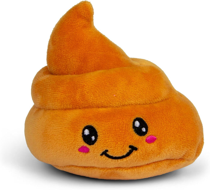 Soft orange poop emoji plush toy with embroidered eyes and a smiling face against a white background.