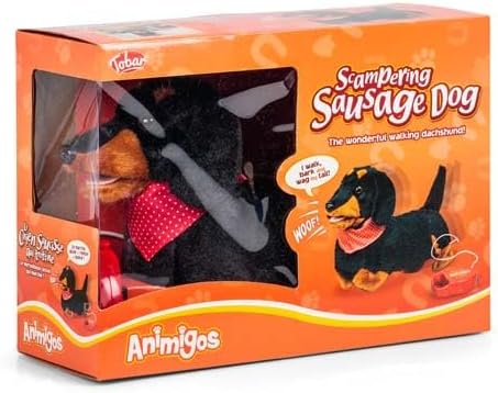 Orange toy box showing a black and tan plush dachshund wearing a red bandana, with Animigos logo and dog illustrations.
