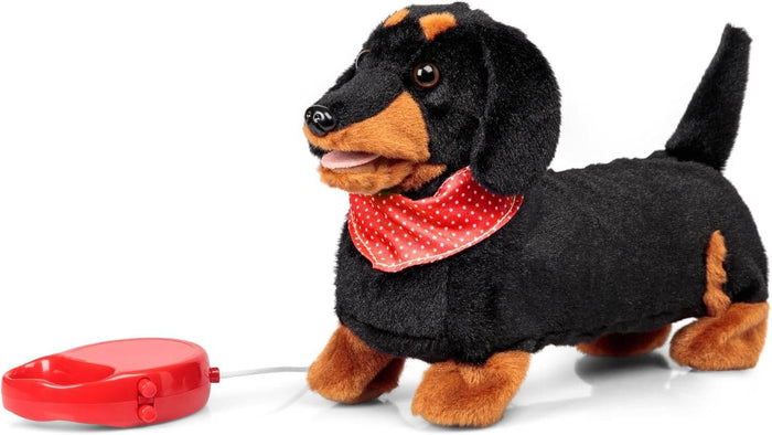 Black and tan dachshund plush toy wearing a red polka-dot bandana, attached to a red handheld remote control leash.