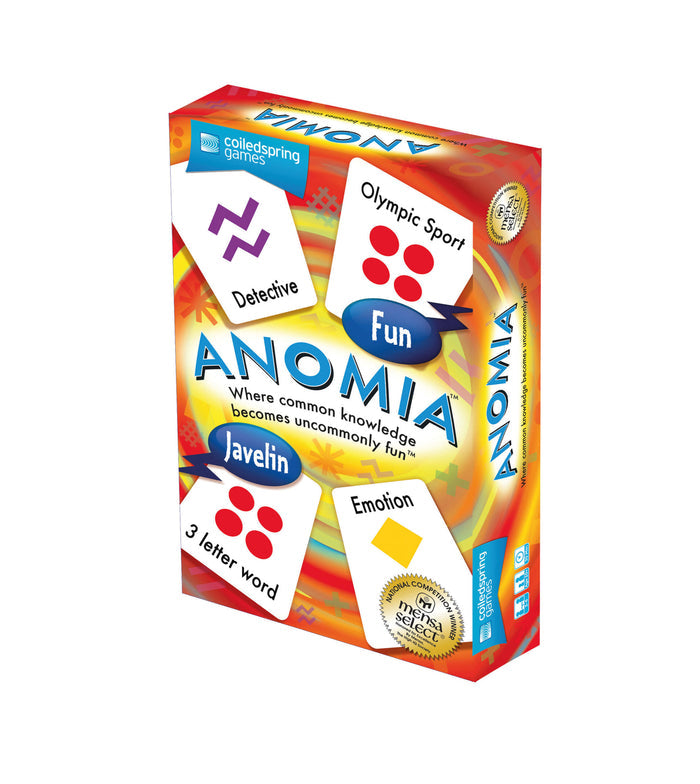 Red and orange Anomia card game box showing category cards with symbols and text, plus a gold Mensa Select seal.