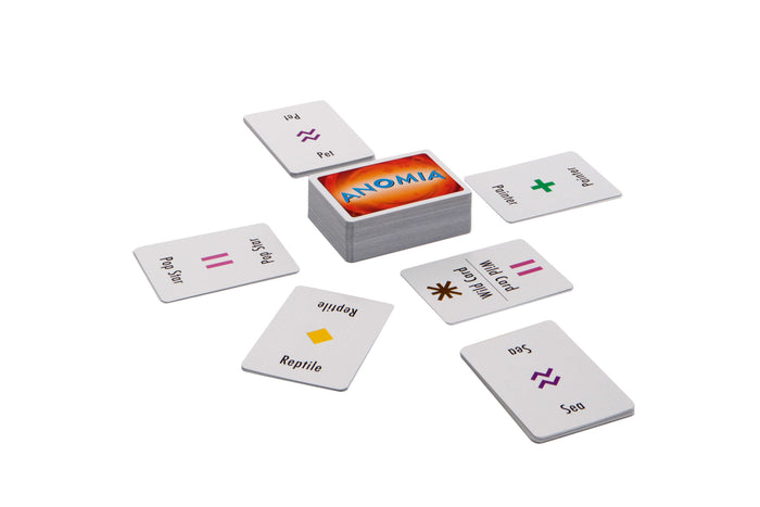 Orange card deck surrounded by white cards with colorful symbols and category labels like Reptile and Pop Star.