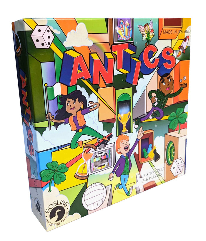 Vibrant Antics board game box with red 3D lettering, cartoon kids, dice, and shamrocks on a colorful background.