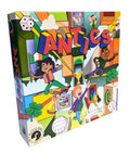 Vibrant Antics board game box with red 3D lettering, cartoon kids, dice, and shamrocks on a colorful background.