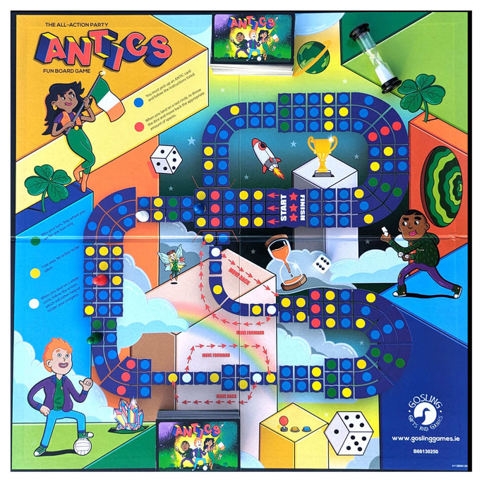 Antics board game featuring a colorful winding path, illustrated characters, dice, and an hourglass on a space background.