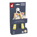 Janod wooden skipping rope with yellow striped handles and colorful unicorn heads, on dark blue cardboard packaging.