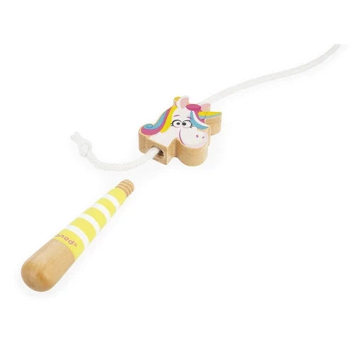 Yellow striped wooden horn handle and a colorful unicorn head charm on a white cotton skipping rope.