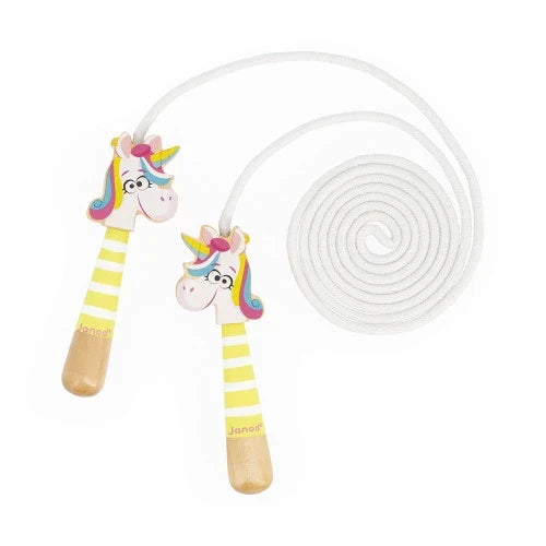 White skipping rope with yellow-striped wooden handles topped with colorful cartoon unicorn heads.