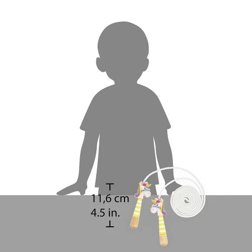 White skipping rope with yellow striped wooden unicorn handles shown next to a child silhouette for scale.