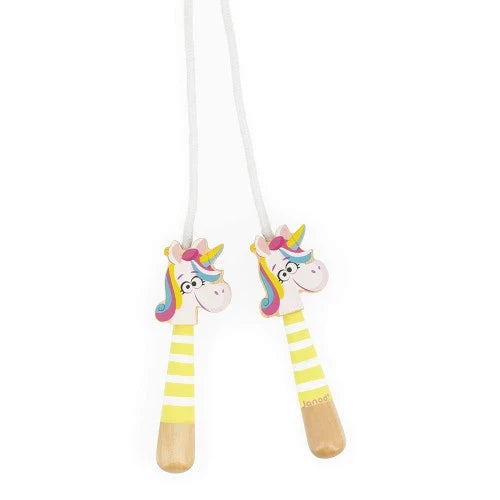 Skipping rope featuring white unicorn head handles with rainbow manes and yellow and white striped grips.