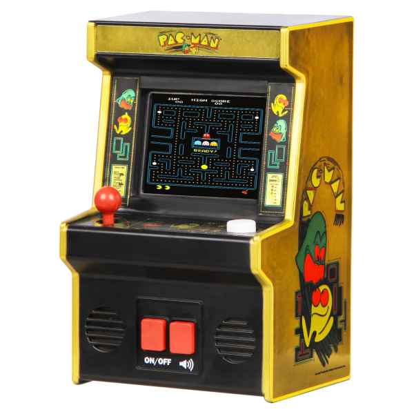 Miniature yellow arcade cabinet with a glowing screen, red joystick, and colorful ghost graphics on its sides.