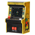 Miniature yellow arcade cabinet with a glowing screen, red joystick, and colorful ghost graphics on its sides.