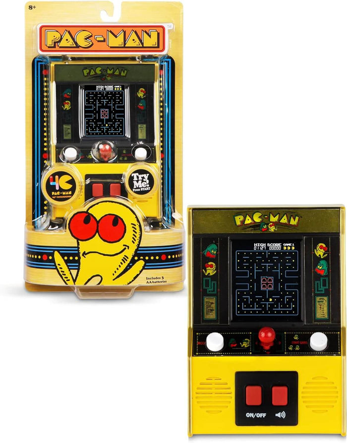 Yellow mini arcade cabinet with joystick and screen, shown in and out of its 40th-anniversary retail box.