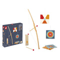 Wooden toy archery set with bow, red-tipped arrows, fabric quiver, and targets next to its dark blue display box.