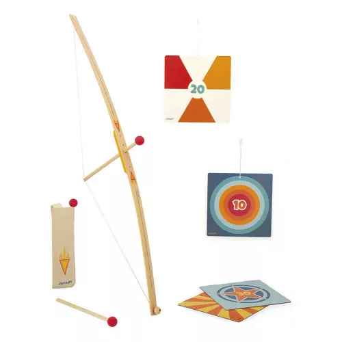 Wooden archery set with bow, red-tipped arrows, quiver, and square targets featuring colorful geometric designs.
