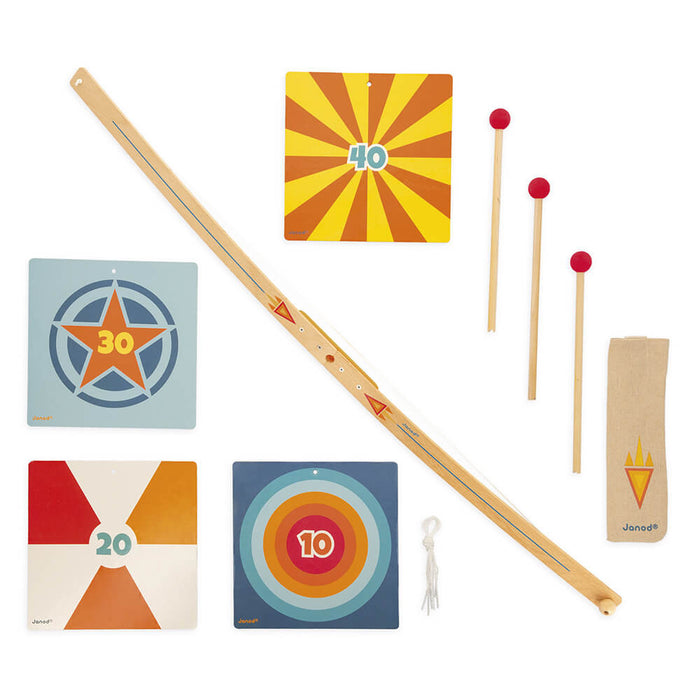 Wooden toy bow, three red suction-cup arrows, a canvas quiver, and four colorful square targets with point values.
