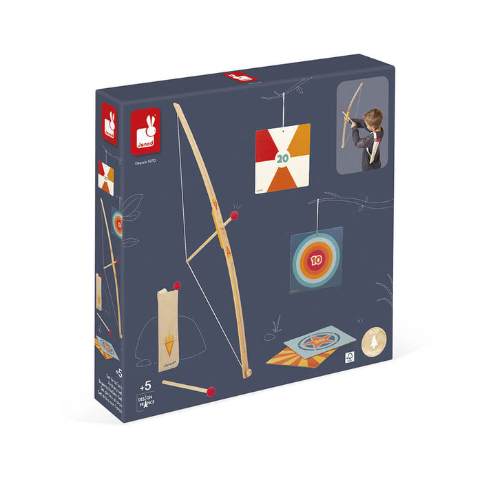 Blue box for a toy archery set featuring a wooden bow, three red-tipped arrows, a quiver, and colorful varied targets.