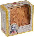 Wooden tangram puzzle pieces in a cream window box with yellow trim and a portrait of Archimedes.