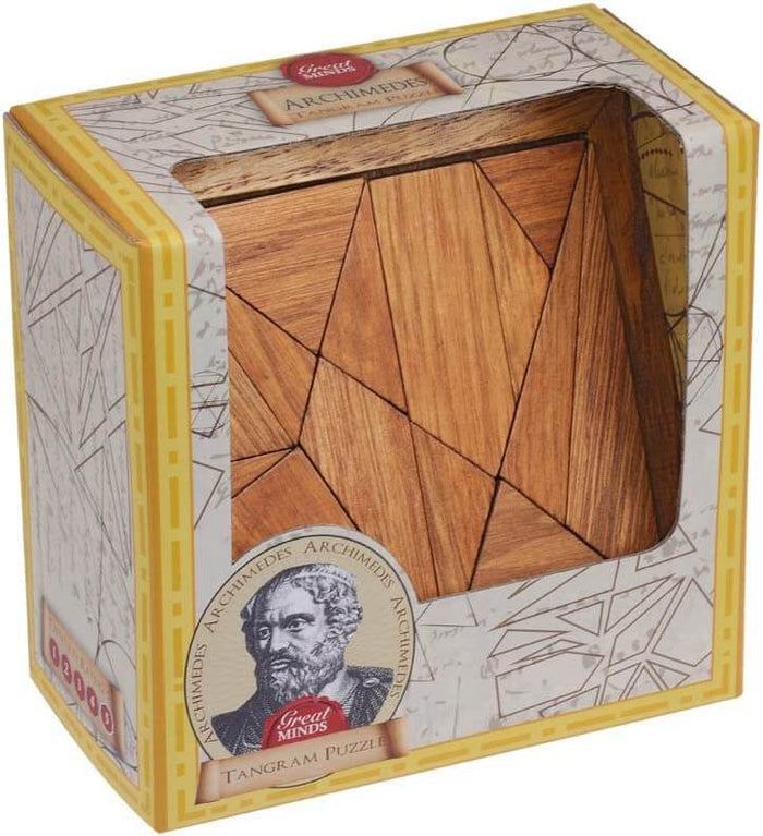 Wooden tangram puzzle pieces in a cream window box with yellow trim and a portrait of Archimedes.