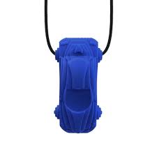 Textured blue silicone racecar pendant with molded wheel and body details, hanging from a thin black cord.
