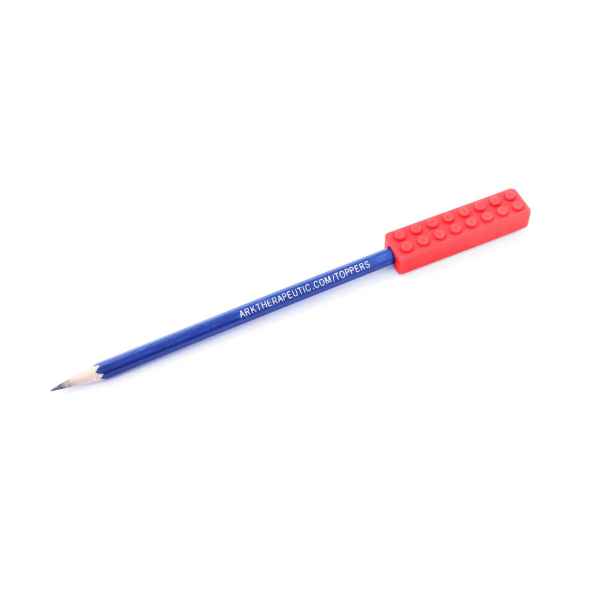 A sharpened blue pencil with a red, rectangular chewable topper featuring a studded, brick-style texture.