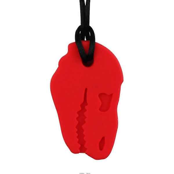 Red T-Rex dinosaur skull shaped pendant with jagged teeth details, hanging from a black cord.