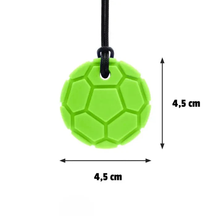Bright green textured soccer ball silicone pendant on a black cord, with labels showing 4.5 cm diameter.