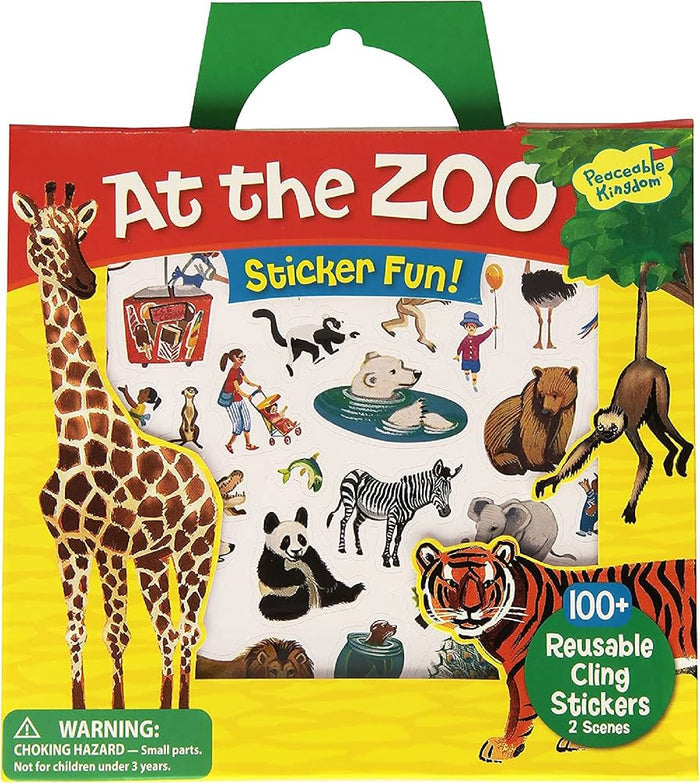 Green handled sticker tote featuring a giraffe, tiger, and various zoo animal stickers like a panda and zebra.
