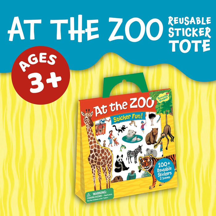 Yellow sticker tote with a green handle, giraffe and tiger graphics, and a red Ages 3+ badge on a blue background.