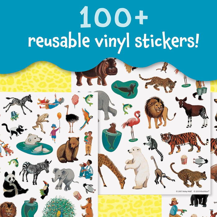 Two sheets of zoo animal stickers over a yellow leopard print pattern under a teal 100+ reusable vinyl stickers banner.