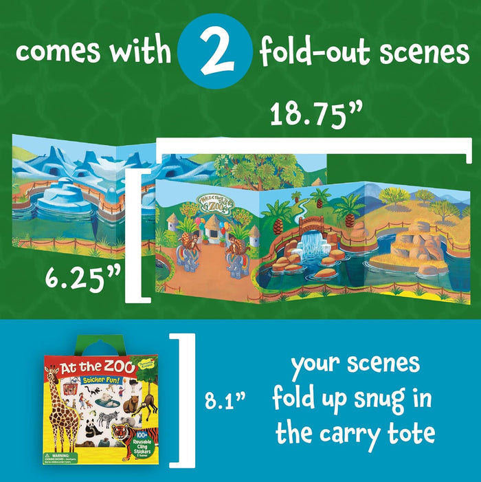 Infographic showing two colorful 18.75-inch zoo scenes and an 8.1-inch tall sticker carry tote with a giraffe.