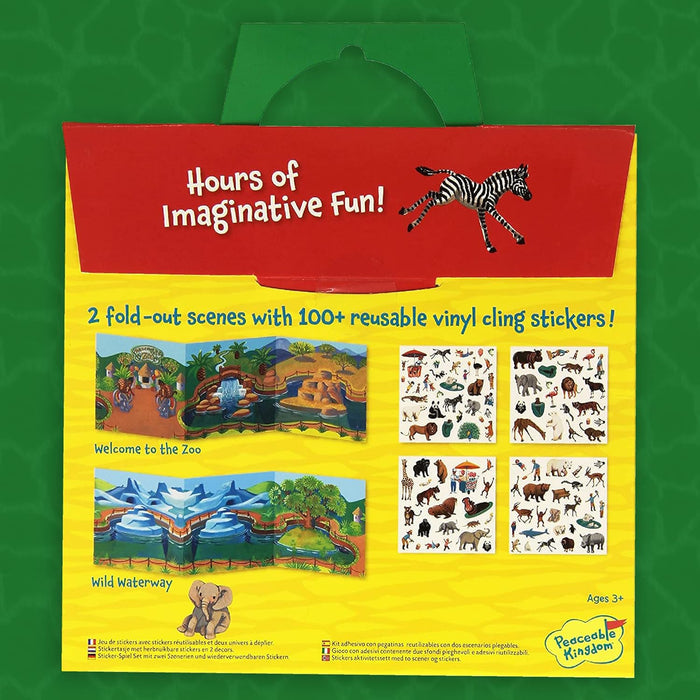 Yellow and red tote showing two play scenes, four animal sticker sheets, and illustrations of a zebra and elephant.