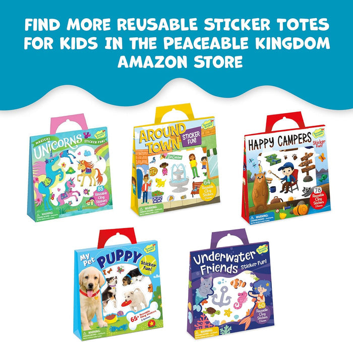 Five colorful reusable sticker totes featuring unicorn, puppy, camping, town, and underwater themes in handled bags.