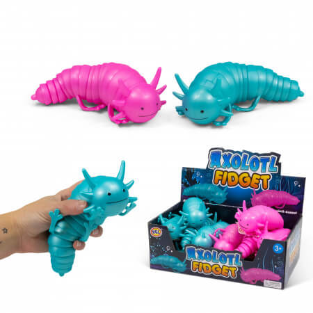 Pink and teal articulated axolotl toys shown loose, held in a hand, and in a retail display box.