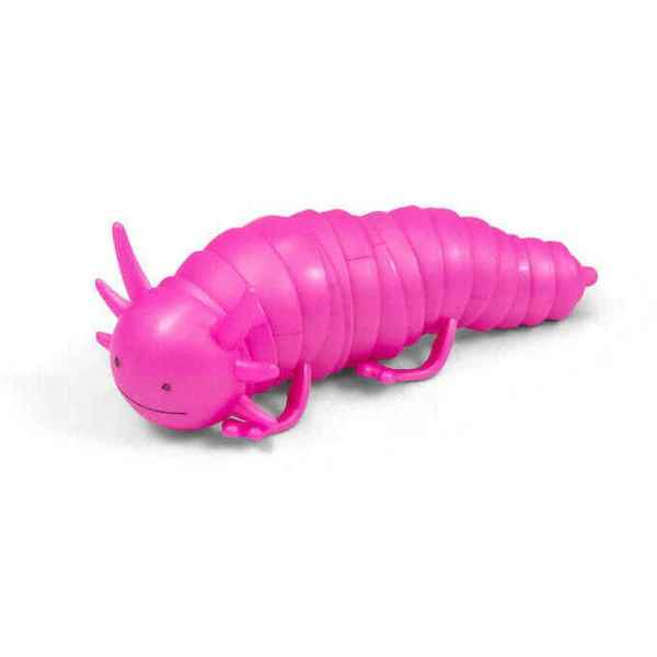 Bright pink segmented toy with an axolotl head, jointed body parts, and small legs, resting on a white background.