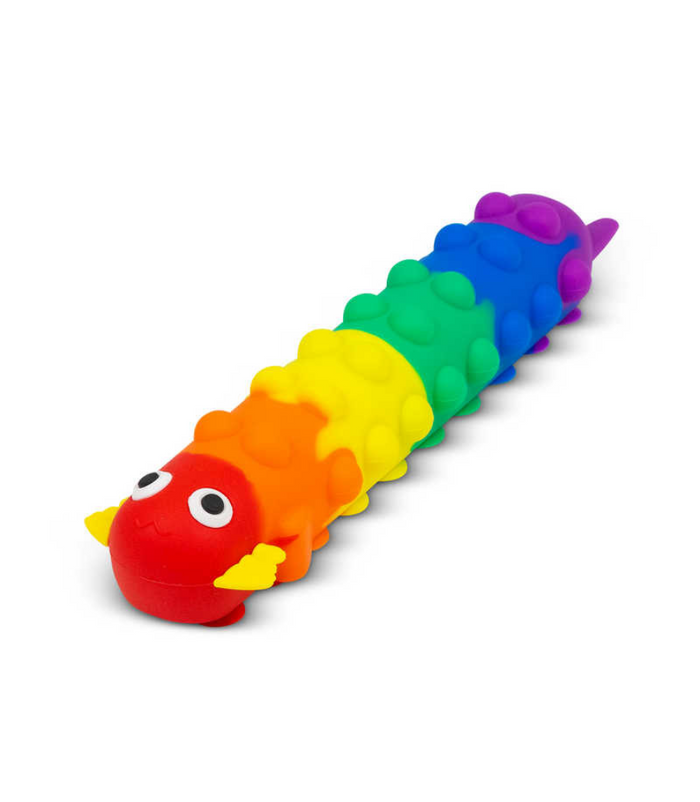 Long rainbow axolotl toy with a red head, googly eyes, and segmented body with bubble pop-it texture and suction feet.