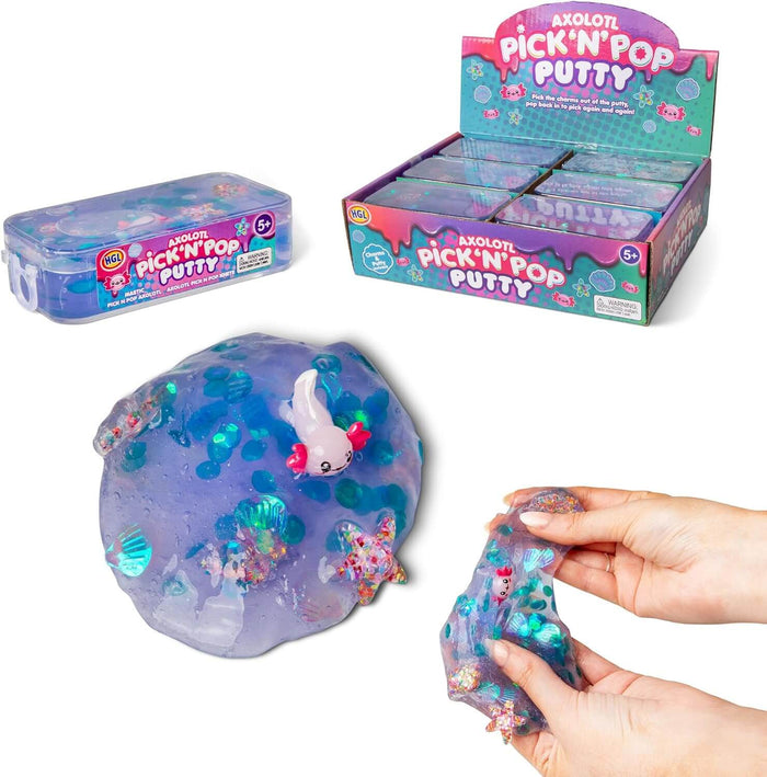 Translucent purple glitter putty with axolotl and sea charms shown in packaging and being stretched by hands.
