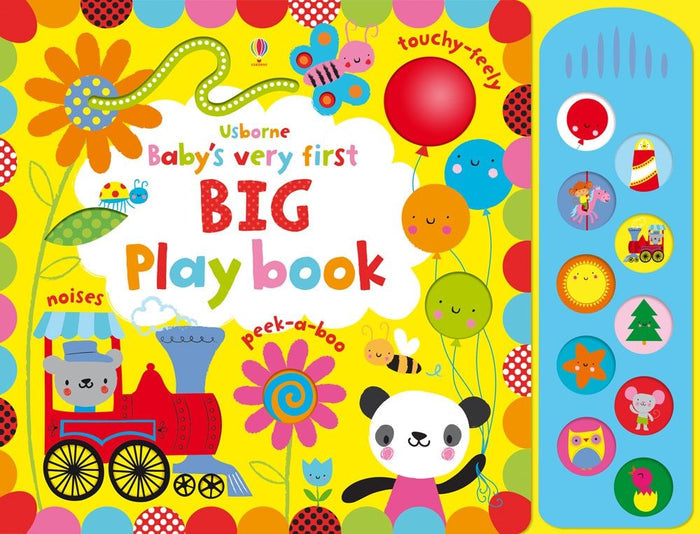 Bright yellow board book featuring a train and panda, with a blue side panel containing 10 colorful sound buttons.