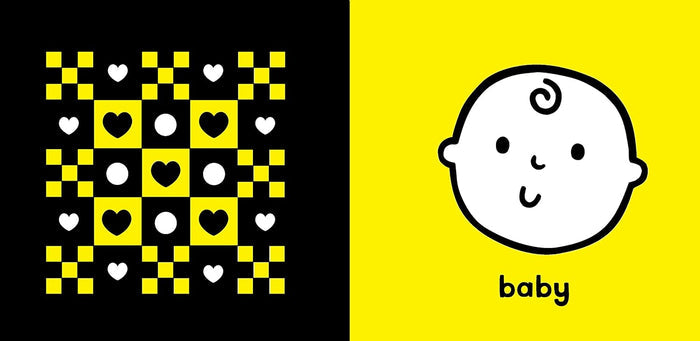 High-contrast pages with yellow and white patterns on black, and a simple cartoon baby face on a bright yellow background.