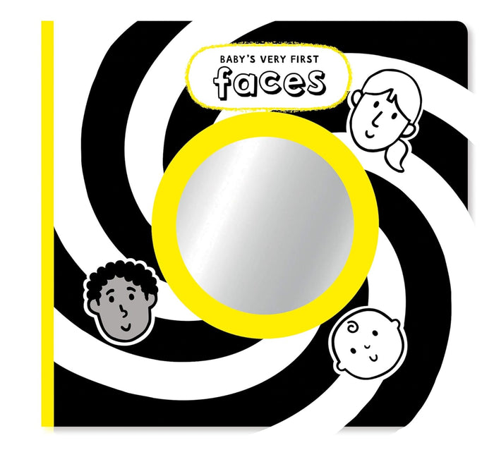 Square baby book cover with black and white spirals, a central yellow-rimmed mirror, and three illustrated baby faces.