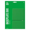 Product packaging for Plus-Plus Baseplate Duo Green showing two square green grid building plates.