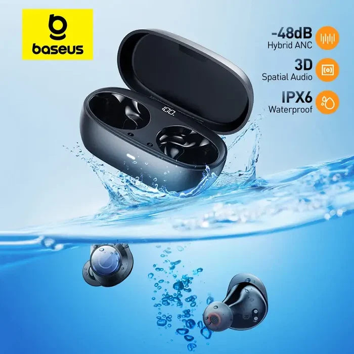Baseus Bowie MA10 Pro Wireless Earphones with -48dB hybrid ANC, 3D spatial audio, IPX6 waterproof, and in-ear dynamic design.