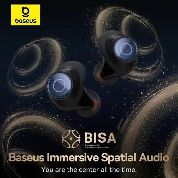 Baseus Bowie MA10 Pro Wireless Earphones with immersive spatial audio technology, featuring sleek black in-ear design.