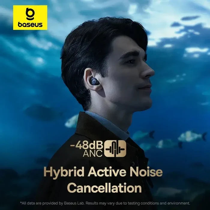 Person wearing Baseus Bowie MA10 Pro Wireless Earphones with -48dB hybrid active noise cancellation feature