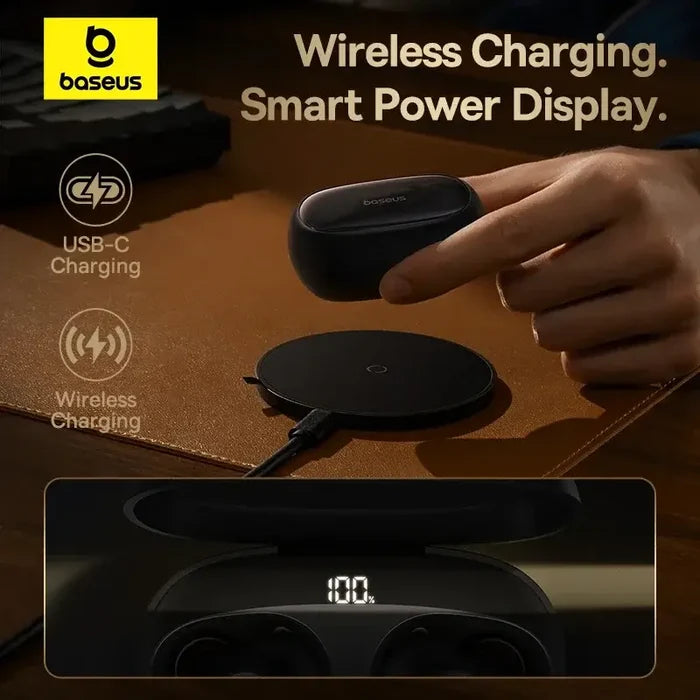 Baseus Bowie MA10 Pro Wireless Earphones with USB-C and wireless charging, smart power display, showcasing charging capabilities