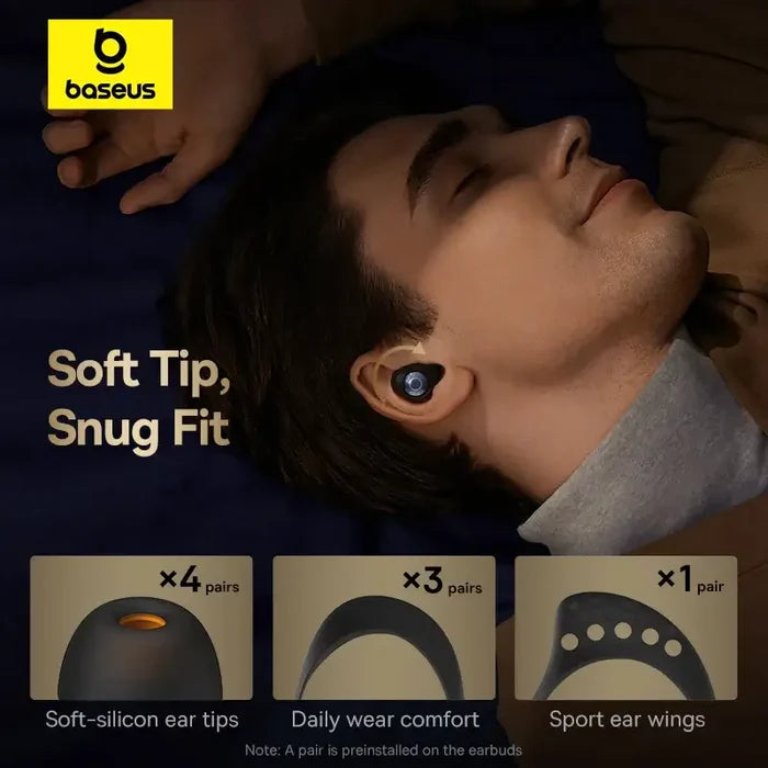 Baseus Bowie MA10 Pro Wireless Earphones with soft tips and snug fit, shown with ear tip and wing accessories for comfort.