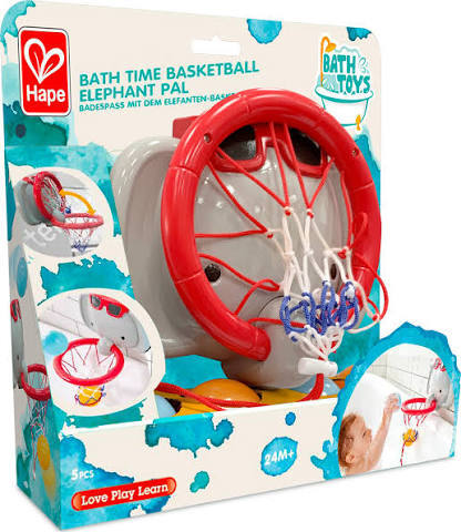 Packaging for Hape Bath Time Basketball Elephant Pal featuring a red rimmed hoop on a grey elephant face with sunglasses.