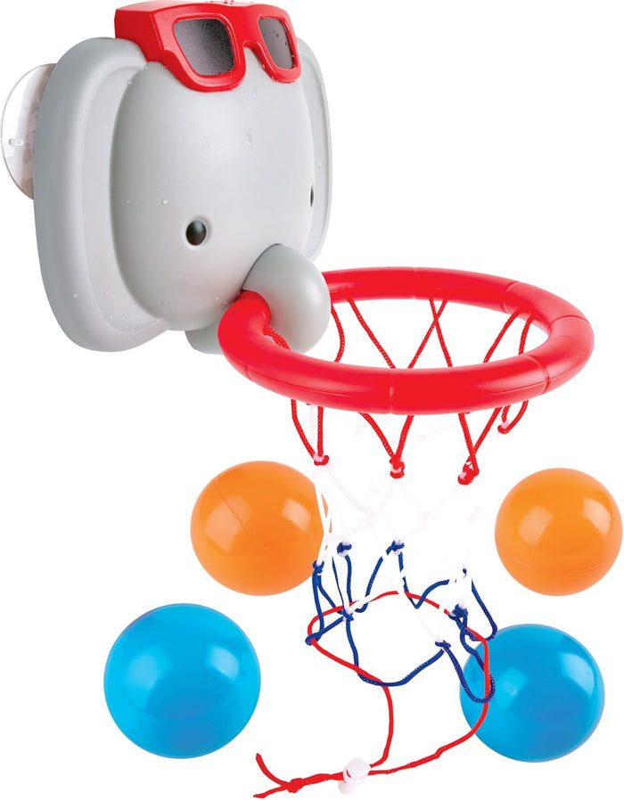 Gray elephant bath toy with red sunglasses and a red hoop, including two orange and two blue balls.