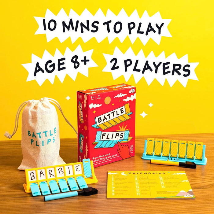 Red Battle Flips box, teal and yellow flip-tile trays, markers, and a canvas bag on a bright yellow background.