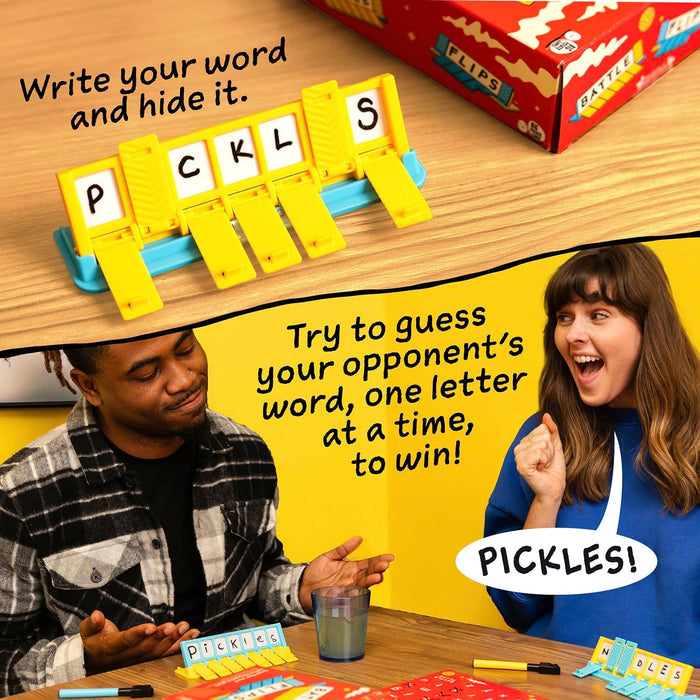 Two people playing Battle Flips using yellow plastic stands with flip-down tiles to hide and guess secret words.