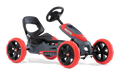 Red and grey pedal go-kart with four chunky red wheels, a black bucket seat, and sport steering wheel.